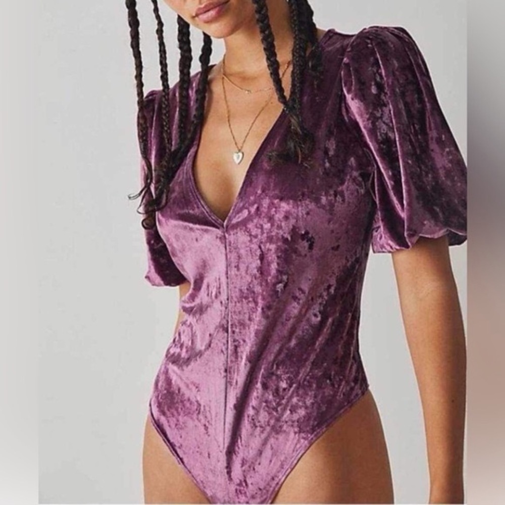 Free People “Don’t You Wish” Velvet Purple Thong Bodysuit